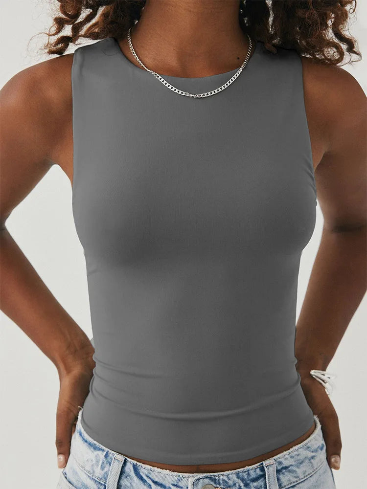 Sleeveless tight bottom shirt, round neck I-shaped solid color top, casual vest