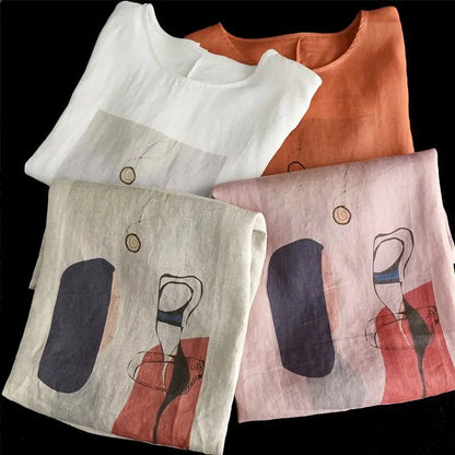 Cotton Linen T Shirts Women Fashion Vintage Art Printed T-shirt Casual Loose O-neck Short Sleeve Tops Summer Trend Thin Tshirt