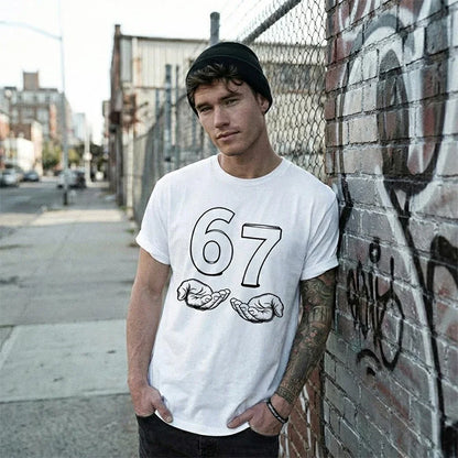 European And American Men T-Shirts Funny Six Seven 67 Meme Gen Alpha Slang 67 Hands Retro Cotton Comfort Short-Sleeve T-Shirt