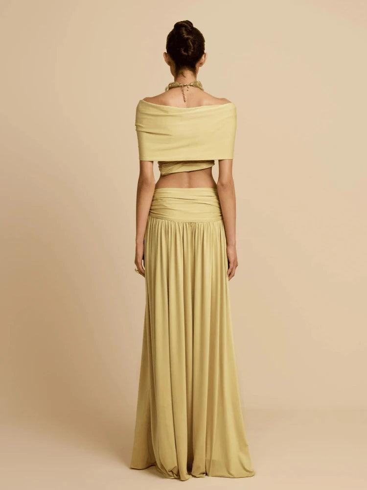 Women Fashion Hight Waist Draped Solid Outfit Elegant Half Skirt 2Pc Suit Sexy Off Shoulder Sleeveless Crop Top &amp; Long Skirt Set