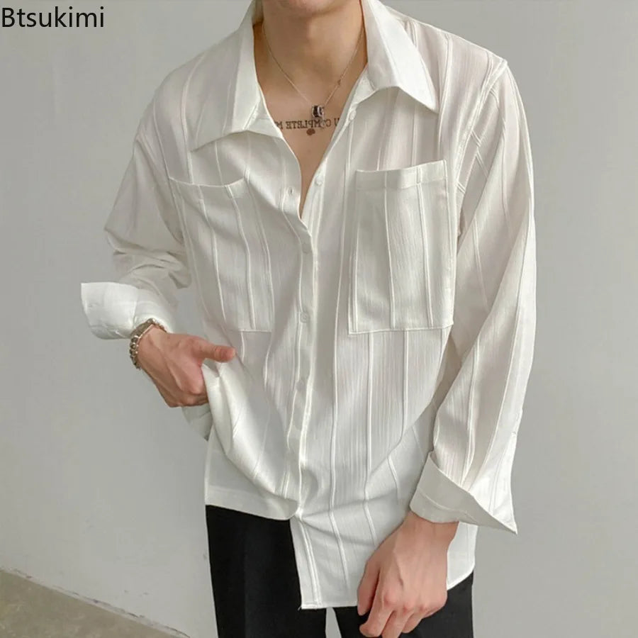 High-end Men Clothing Long Sleeve Business Social Shirts Fashion Drapped Solid All-match Blouse Non-ironing Dress Shirts for Men