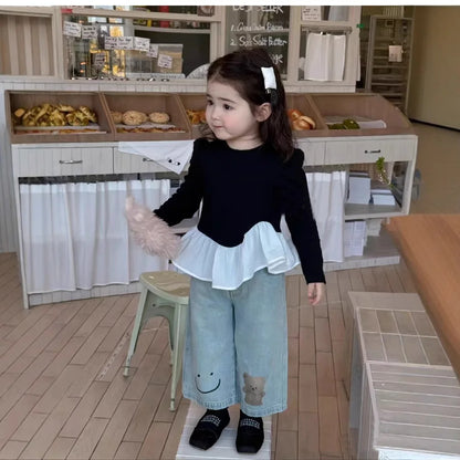 Korean Children Clothing 2025 Spring Clothing New Girls Splicing Long-sleeved T-shirt Top Girl Baby Ruffle Edge Bottoming Shirt