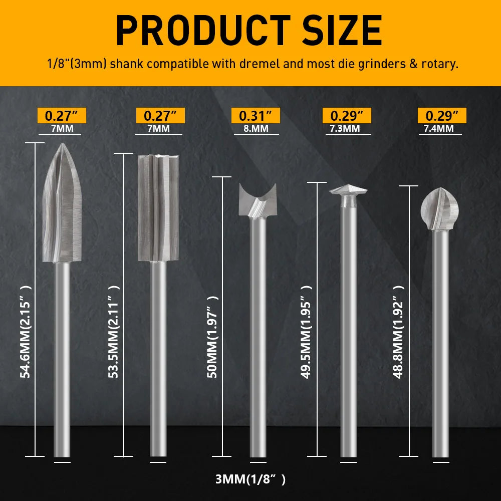 Wood Carving Drill Bits Set for Dremel Rotary Tool with 1/8” Shank for DIY Carving Drilling Micro Sculpture