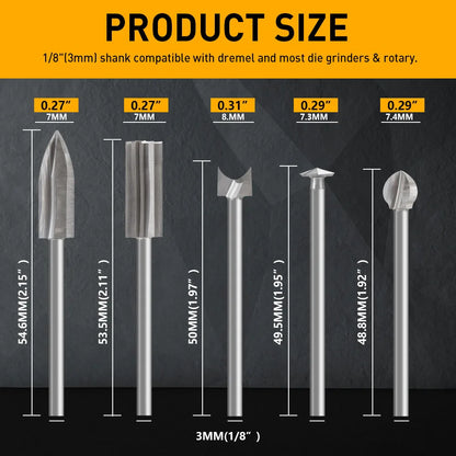 Wood Carving Drill Bits Set for Dremel Rotary Tool with 1/8” Shank for DIY Carving Drilling Micro Sculpture