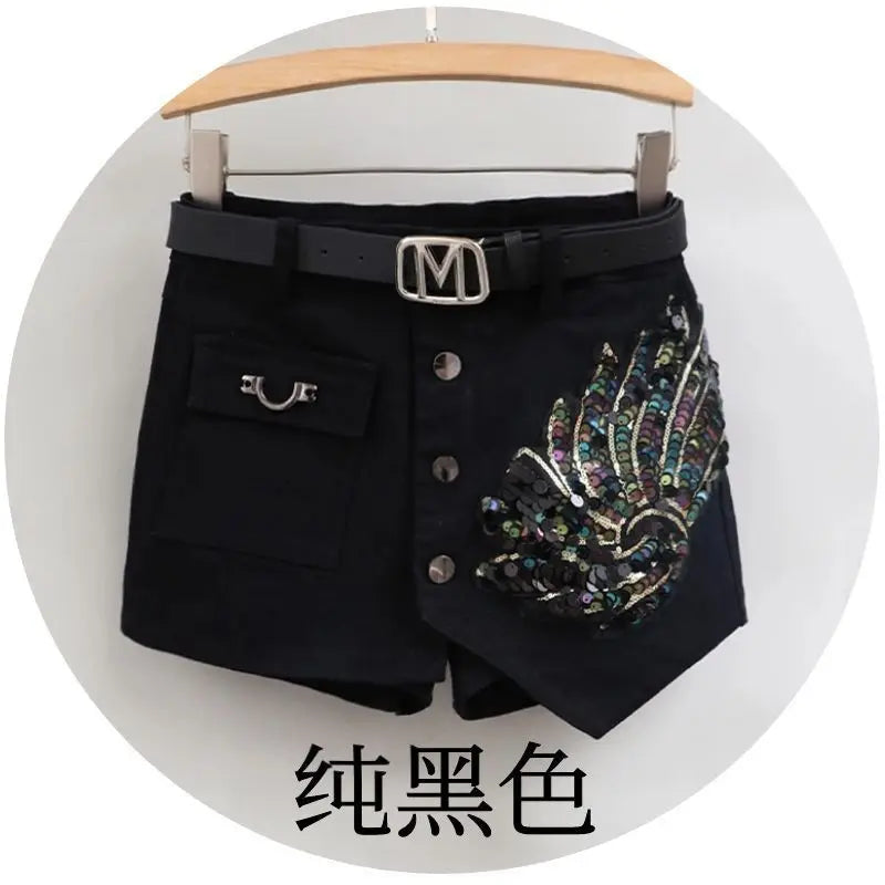 Fashion Sequin Denim Short Skirt Women Spring/Summer 2025 New Korean High Waist Slim Irregular Sexy Hot Pants White Black Casual