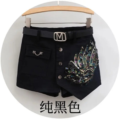Fashion Sequin Denim Short Skirt Women Spring/Summer 2025 New Korean High Waist Slim Irregular Sexy Hot Pants White Black Casual
