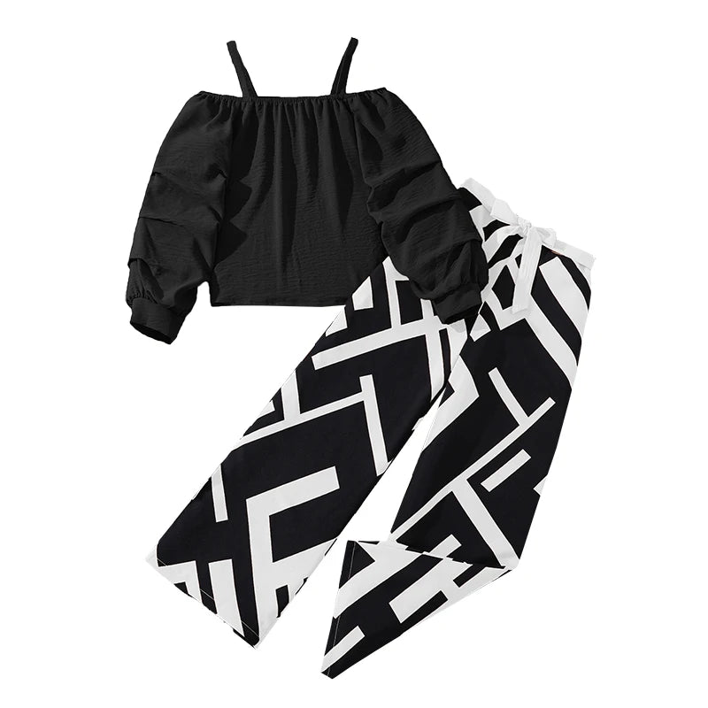 Kids Clothing Sets For Girls Khaki Off-shoulder Long sleeve Top &amp; Stripe Printing Pants Summer Resort Style Children Suits OOTD