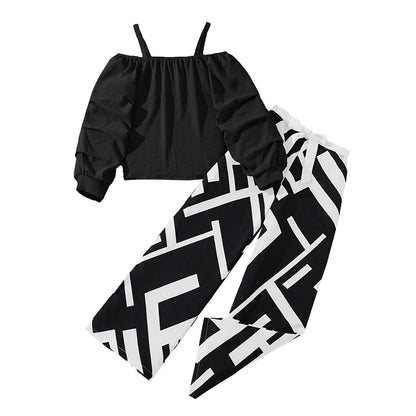 Kids Clothing Sets For Girls Khaki Off-shoulder Long sleeve Top &amp; Stripe Printing Pants Summer Resort Style Children Suits OOTD