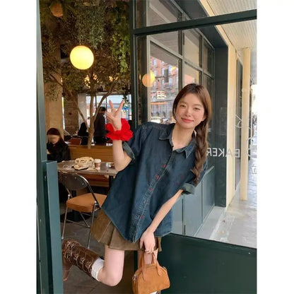 Women k Blue Denim Short Sleeve Shirt Oversized Button Down Loose Fit Casual Streetwear Top