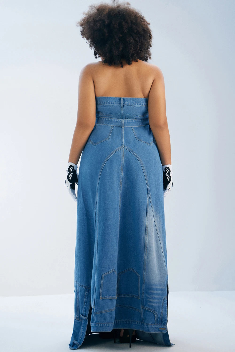 Plus Size Daily Maxi Dresses Blue Fall Winter Strapless Asymmetric Hem Denim Maxi Dresses Elegant Vintage Casual Summer Dress
