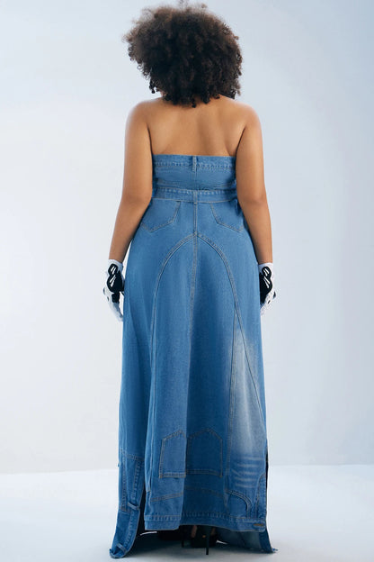 Plus Size Daily Maxi Dresses Blue Fall Winter Strapless Asymmetric Hem Denim Maxi Dresses Elegant Vintage Casual Summer Dress