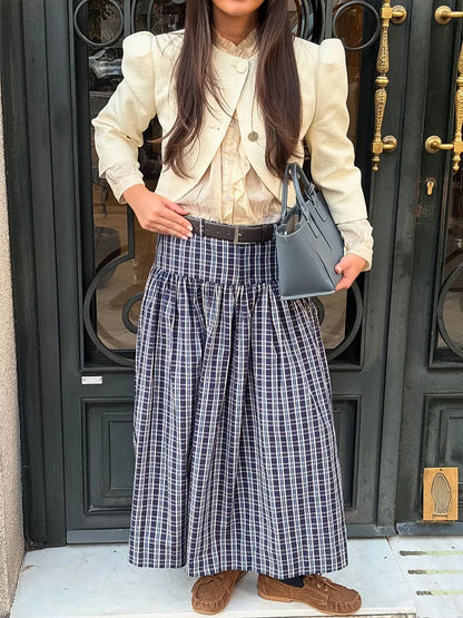 HH Woman Fashion Street Style Skirt Women Fashion Belted Plaid Midi Skirt Zipper Casual Long Skirt High Waist Chic Pleated Skirt
