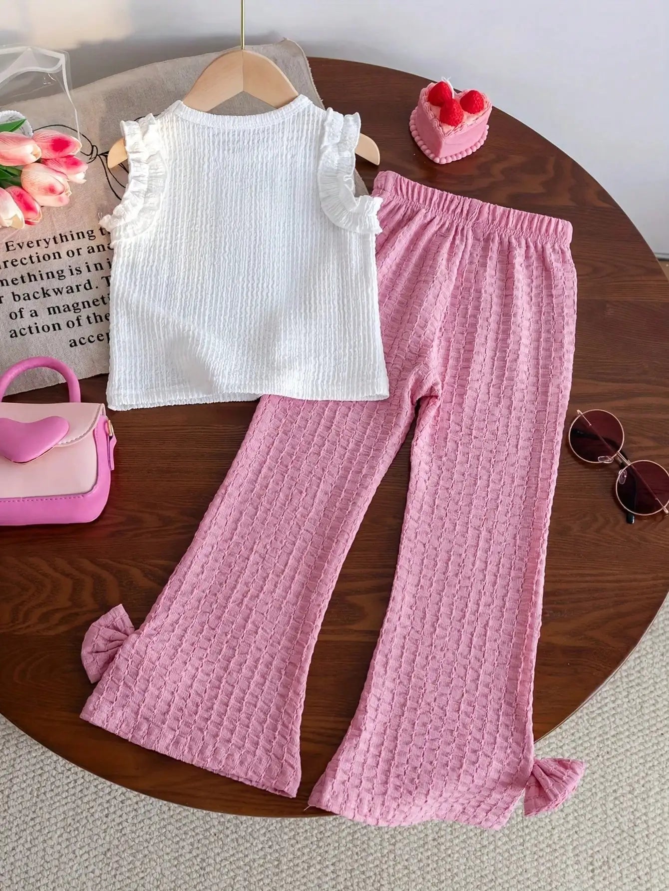 Fresh and sweet style, white strawberry decorated sleeveless top meets pink purple bow micro flared pants