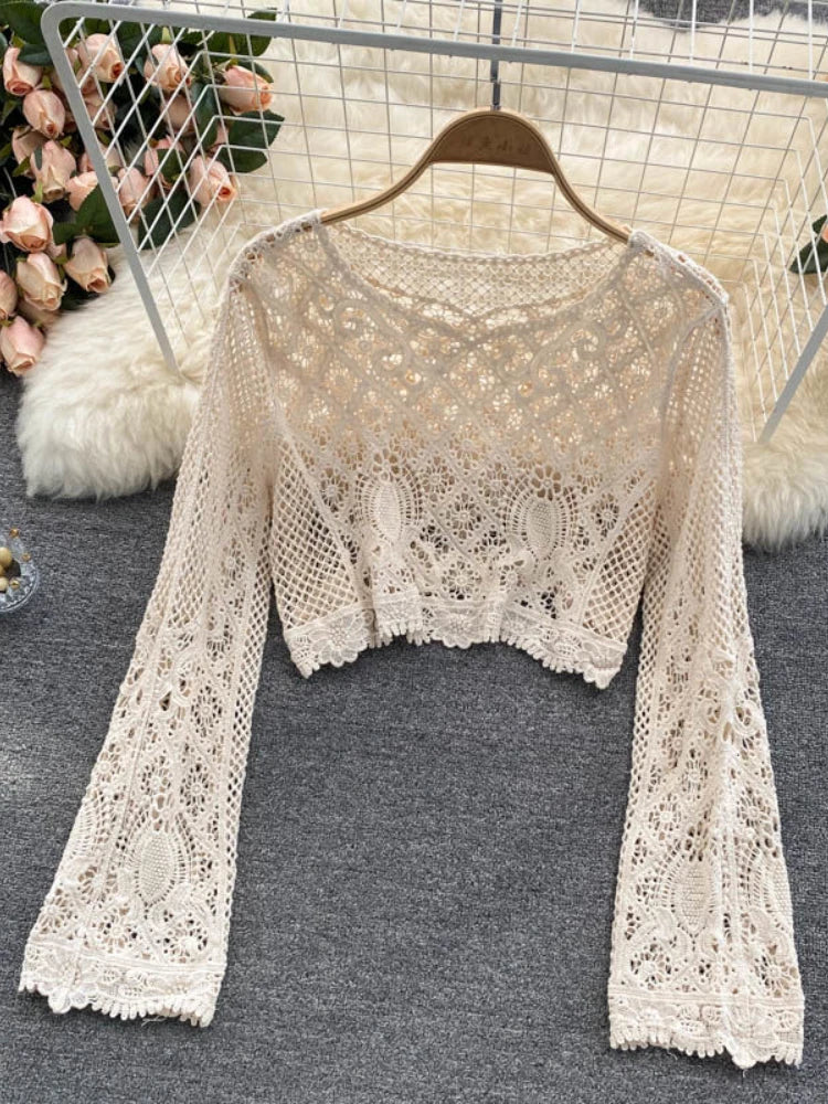 Blouses Women Retro Hollow Out All-match Sweet See-through Leisure Summer Sun-proof Korean Style Female Slim Crop Bohemian Ins