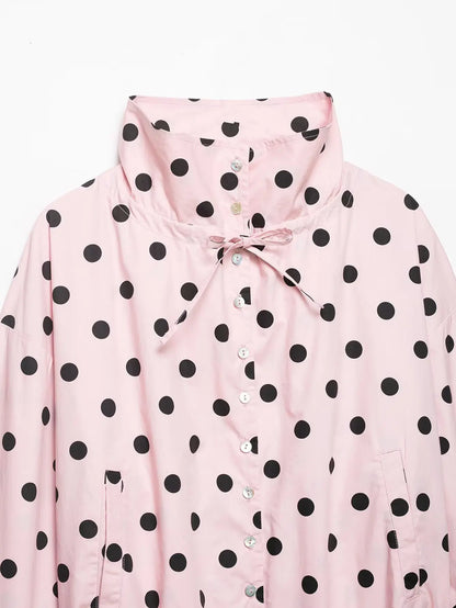HH Women Elegant Fashion Polka Dot Pink Jacket Single Breasted High Collar Drawstring Coat Spring Lady Trend Street Outwear