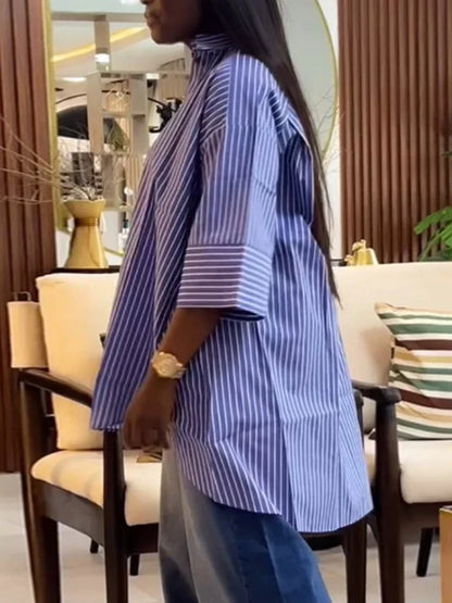 Striped Oversized Button Down Shirts for Women with Wide Three Quarter Sleeve and High Low Hem for Casual Office or Weekend Wear