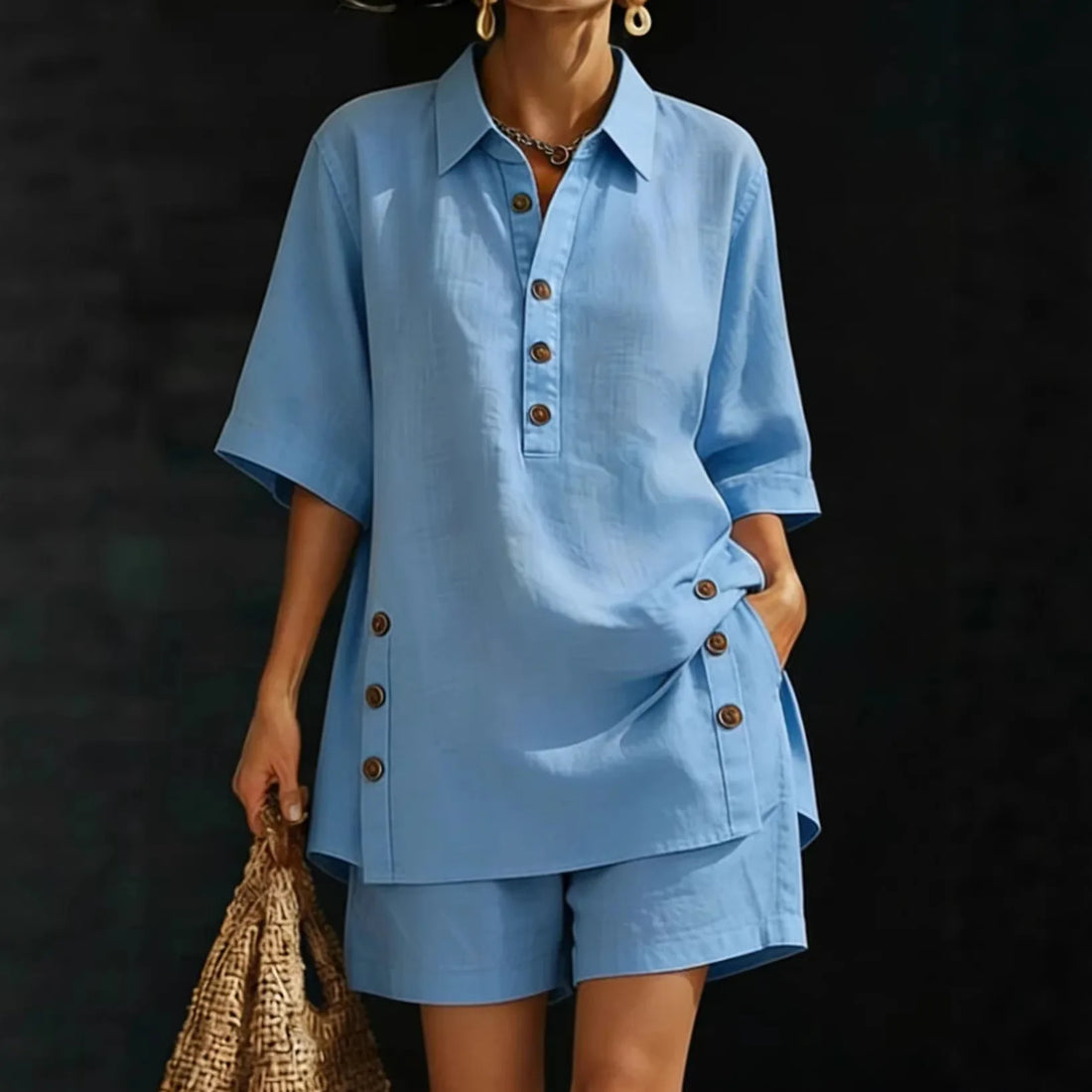 casual loose button shirts shorts two piece sets women fashion half sleeve spllit shirts suits summer elegant shorts outfits