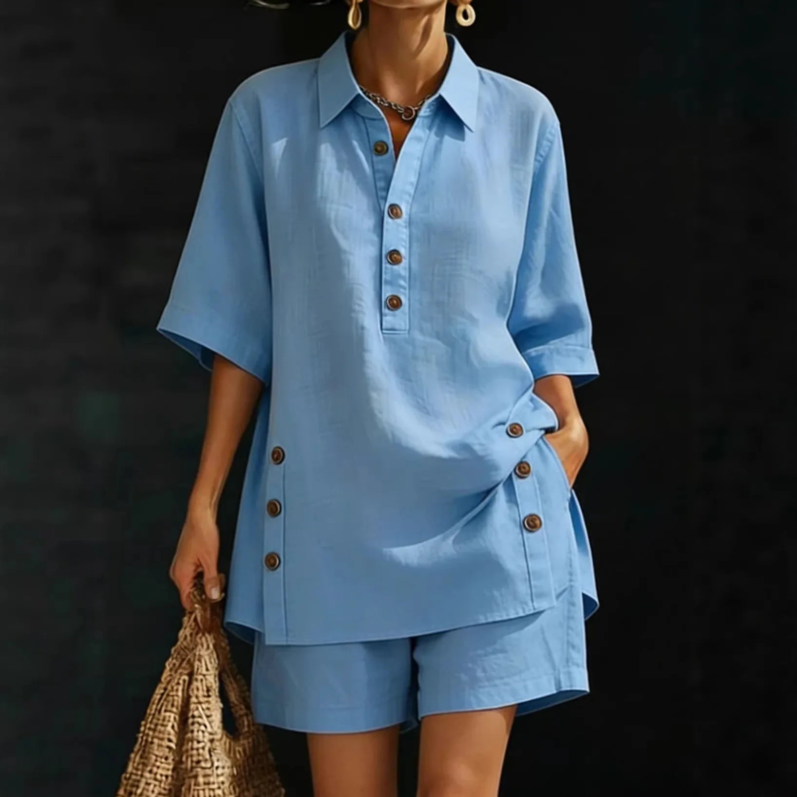 casual loose button shirts shorts two piece sets women fashion half sleeve spllit shirts suits summer elegant shorts outfits