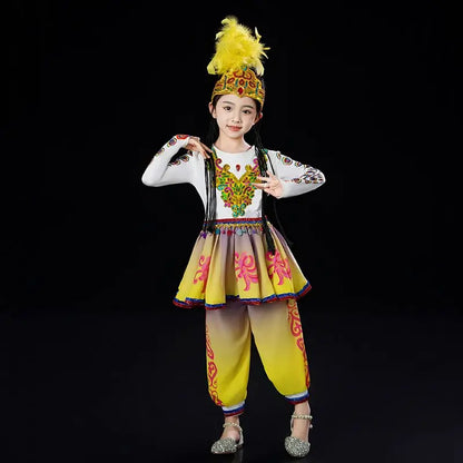 Kazakhstan Dance Costumes For Girls National Clothes Kids Halloween Carnival Clothing Stage Performance Clothing (Hat+Clothes)