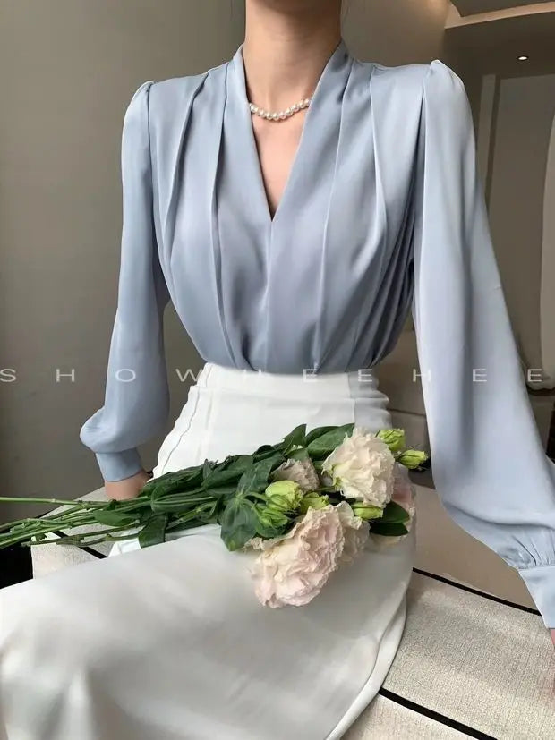 Women Clothing Fashion Loose V-Neck Chiffon Top Spring Autumn Elegant Long Sleeve Blouse Office Lady Simplicity Cozy Solid Shirt