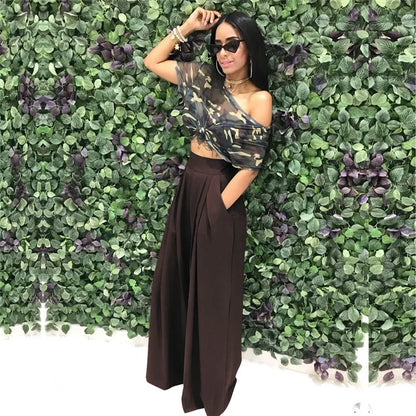 Women Casual Loose Palazzo Pants Autumn High Waisted Wide Leg Trousers Pleated Long Culottes Pants Elastic Waist Trouser Pockets
