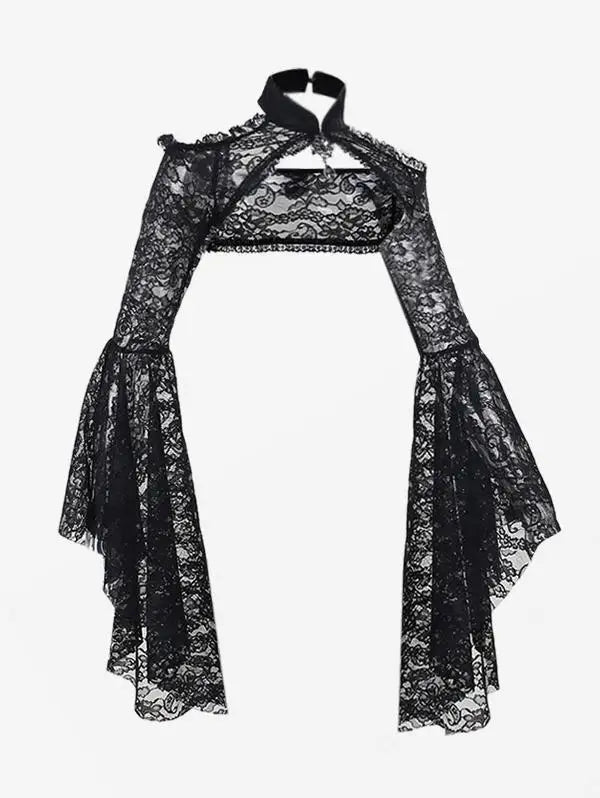 Gothic Crop Tops for Women, Black Flare Sleeves Floral Paisley Lace Panel Cut Out Halloween Shurg Top