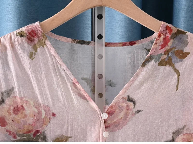 2026 Autumn clothes woman French fashion v neck rose floral print shirts and blouses for women vintage ladies tops