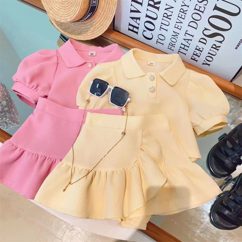new summer girl clothes 2pc/set  top shirt+ skirt  children baby kids students fashion 90-140 3-8year fashion lovely solid