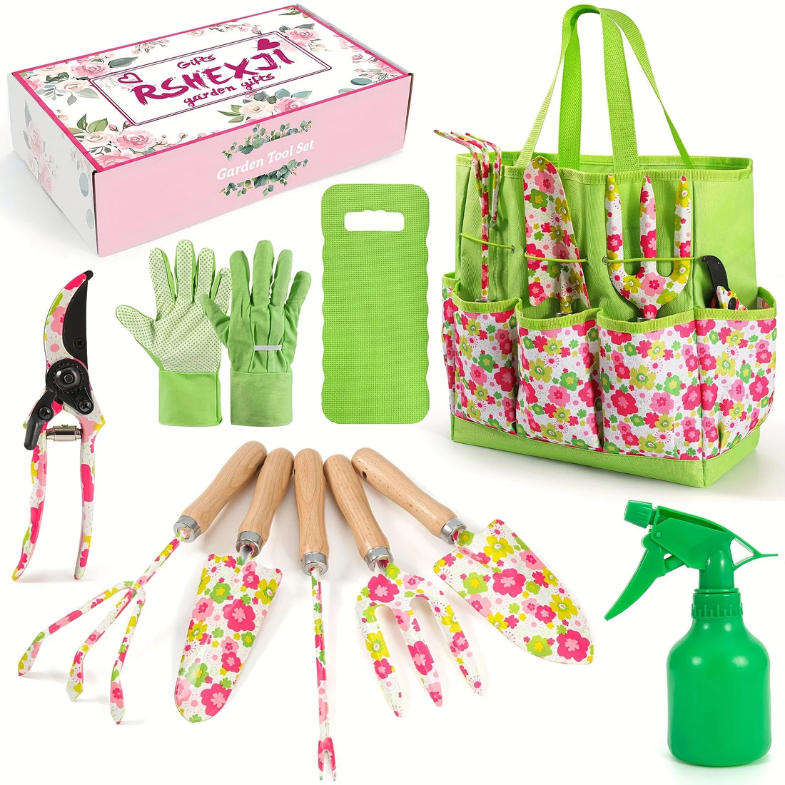 Gardening Tools 10PCS Heavy Duty Garden Hand Tools with Fashion Floral Organizer Handbag Rust-Proof Garden Tool Gifts for Women