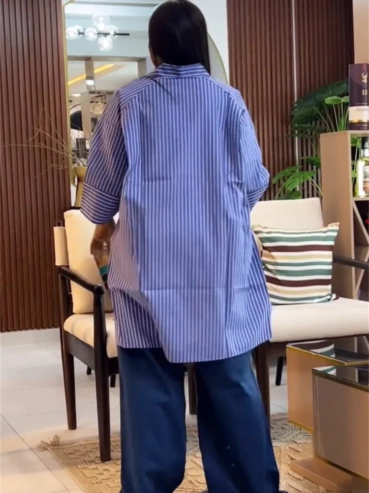 Striped Oversized Button Down Shirts for Women with Wide Three Quarter Sleeve and High Low Hem for Casual Office or Weekend Wear