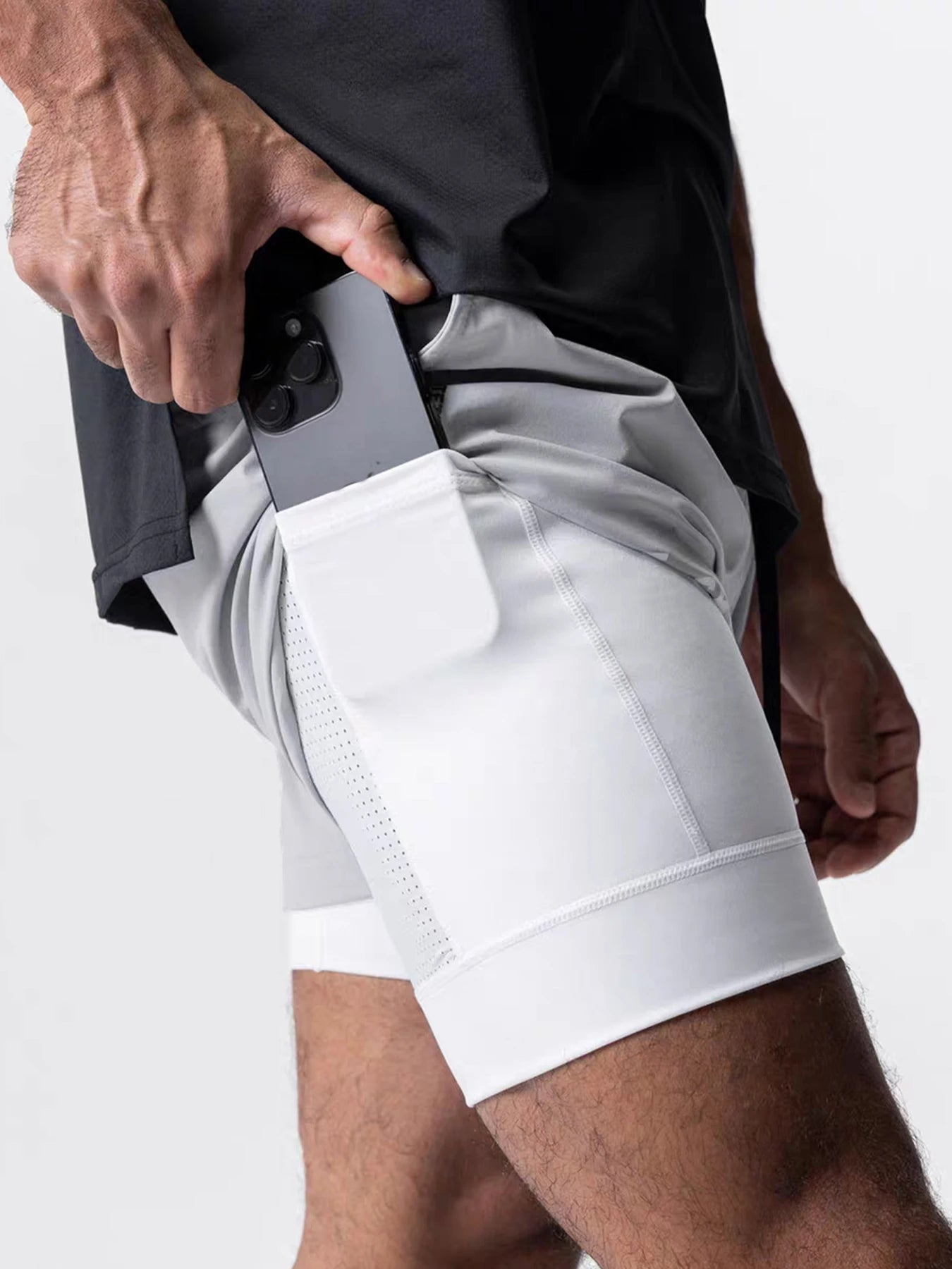 Sports shorts for men, double layered, quarter quick drying, elastic basketball, running training equipment, deep squat fitness,