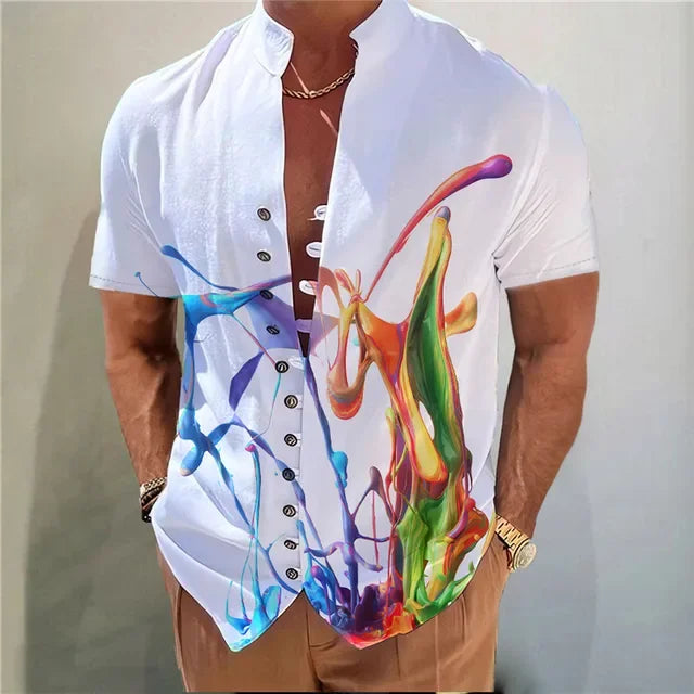 Men Shirts New Print Button Short Sleeves Shirt Fashion Stand Collar Loose Fitting Men&