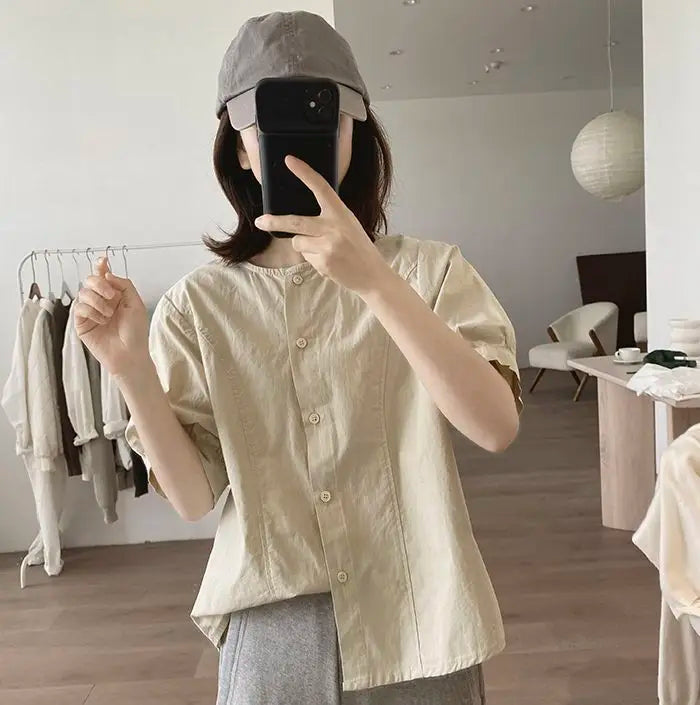 Women Round Neck Blouse Short Sleeve Button Down Loose Casual Solid Color Summer Shirt
