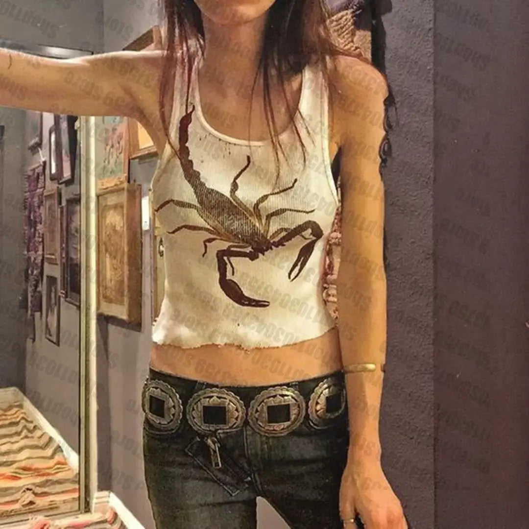 Sleeveless Sexy Tank Top for Women Ribbed Knit Vest Streetwear Aesthetic clothing Scorpion Print Print  female crop top women