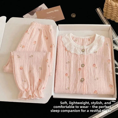 Summer Child Clothing Sets in Air-conditioned Room Girls Breathable Comfortable Long Sleeve Lace Home Clothes Sets Kids Pajamas