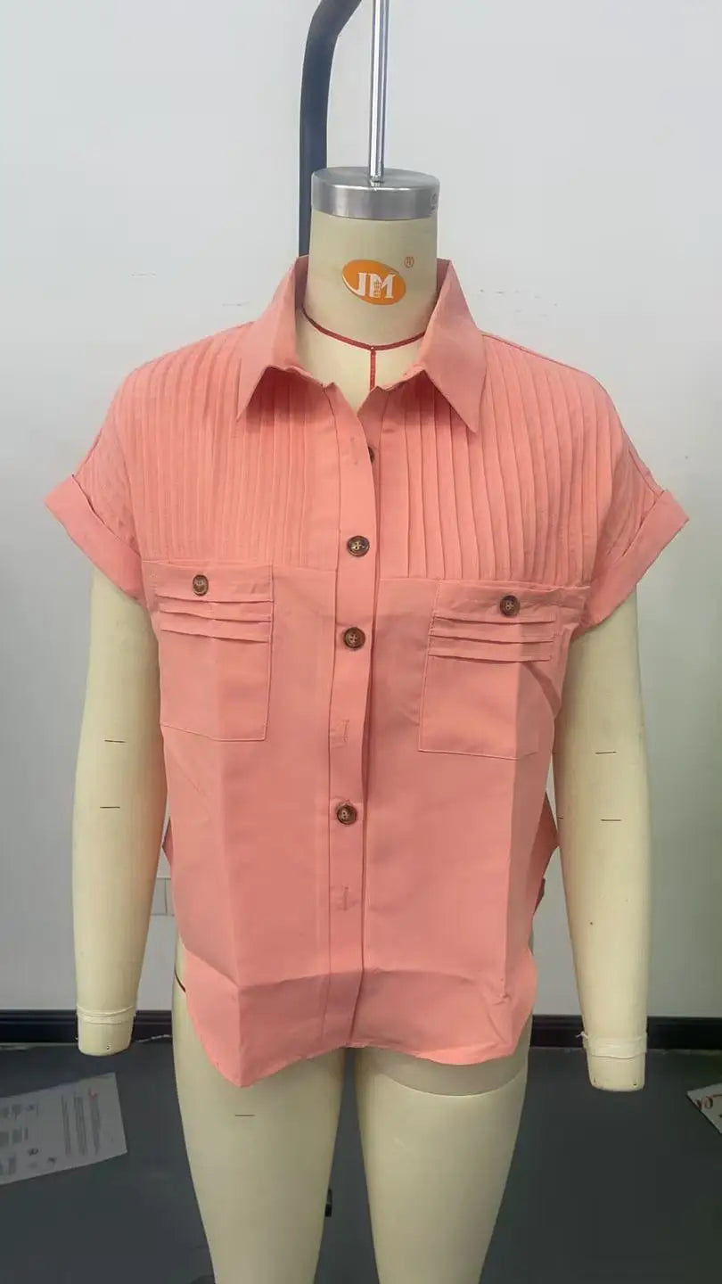 Fashion Short Sleeve Shirts For Women Summer 2025 Casual Solid Color Turn-down Collar Loose Blouse Female Elegant