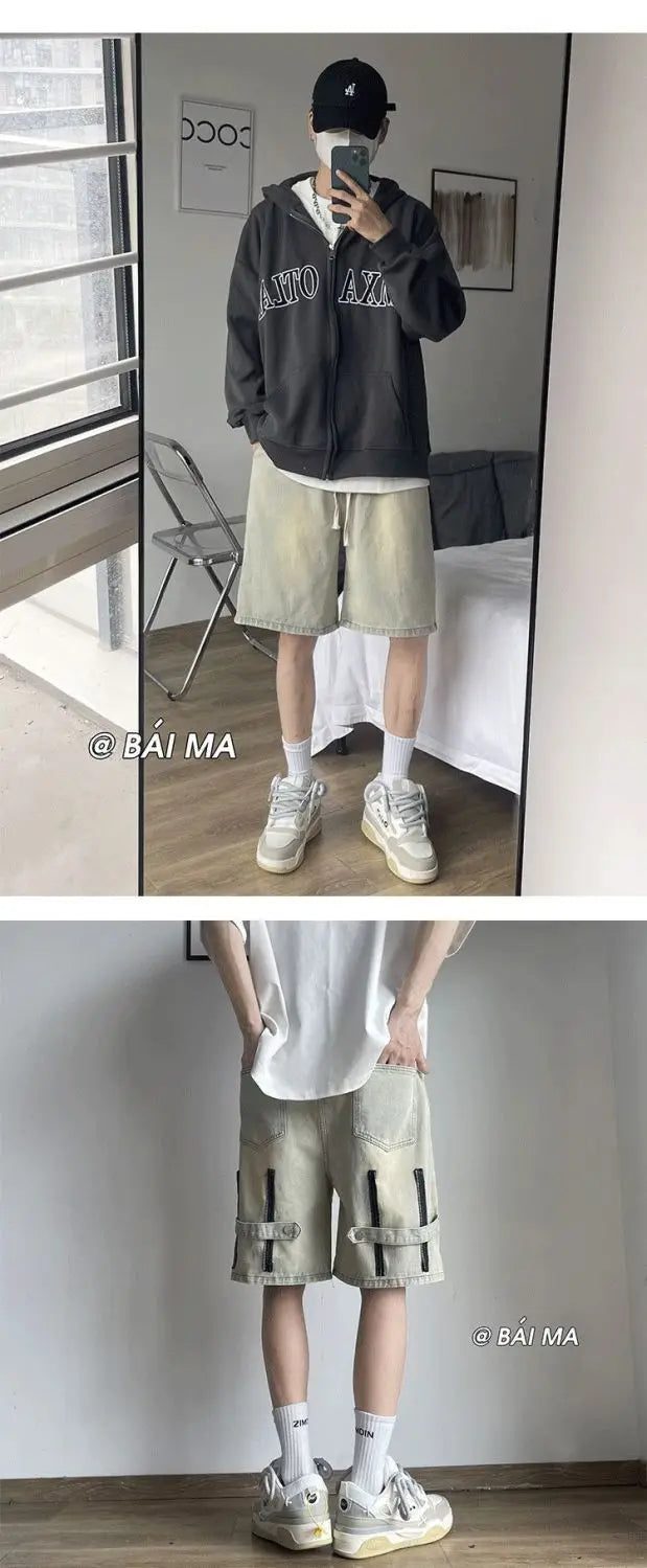 Denim Shorts Wear Five-point Summer Thin Style Trendy Street-fried Street-style Loose Straight Men&
