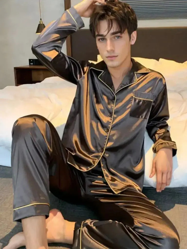 Men Pajama Sets Microfiber Sleepwear For Sleeping Man Shirt Silk Long Sleeve Pyjamas Male Home Night Wear Big size Loungewear