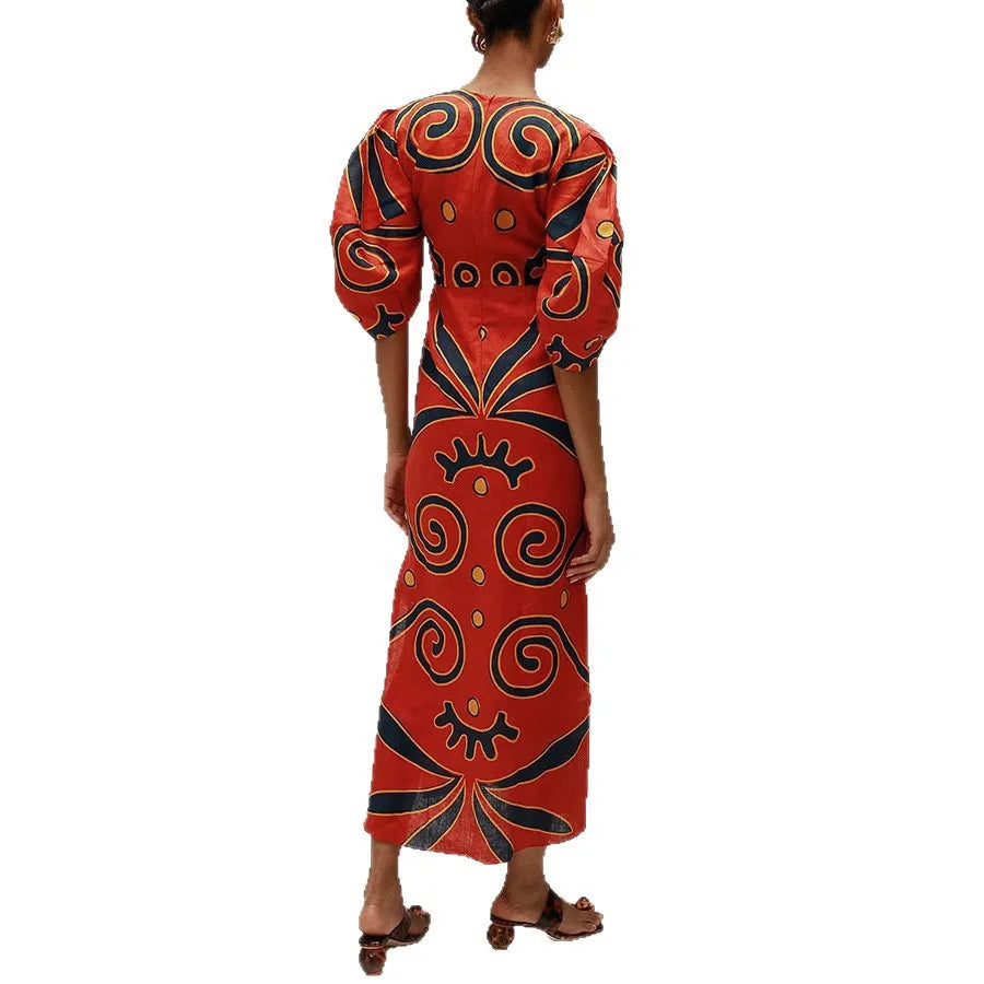 Women Fashion Linen Material  Fashion Chic Print Long Party Dresses Sexy V-neck Hollow Out High Waist Party Dress Lady Robes