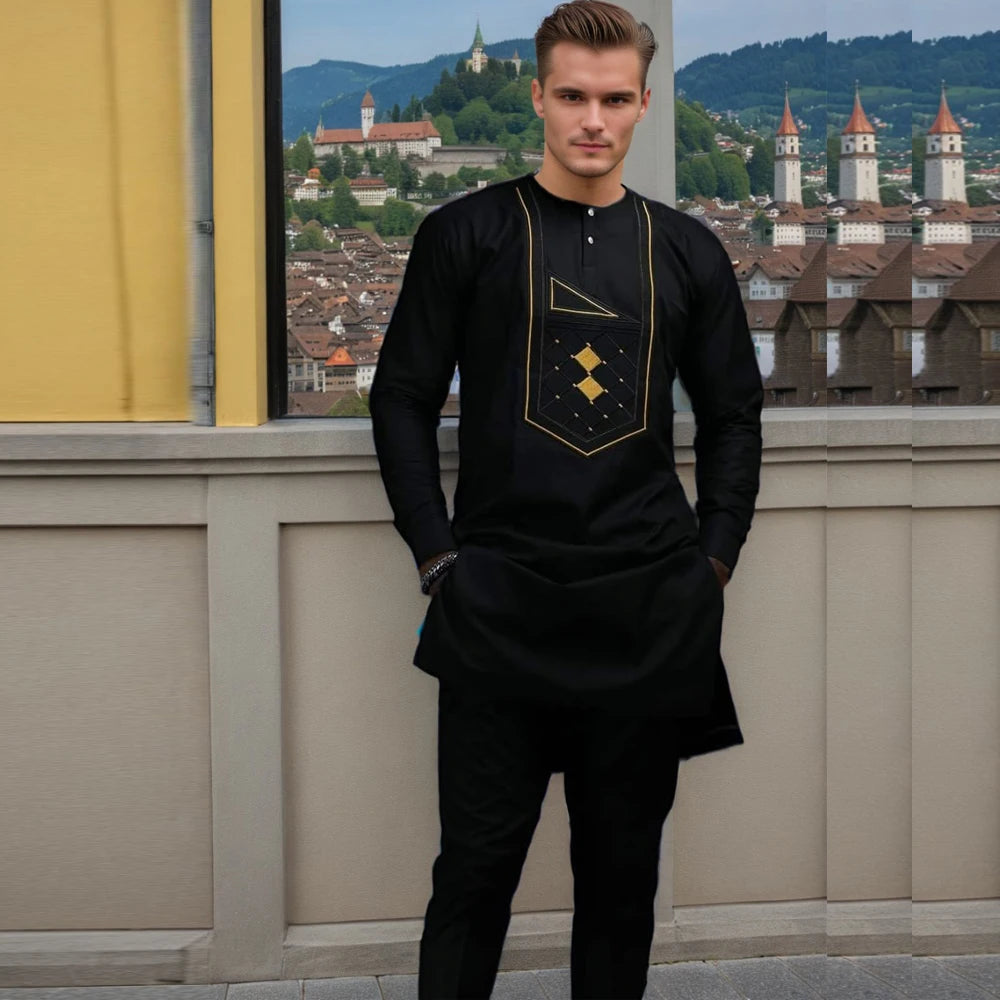 Kaftan Men Wedding Suits Groom Embroidered Pocket Top And Pants Kaunda Suit African casual Outfits Party Fashion Two-piece Set