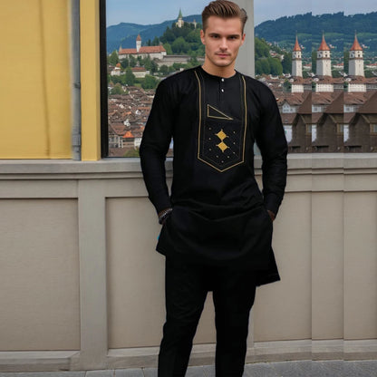 Kaftan Men Wedding Suits Groom Embroidered Pocket Top And Pants Kaunda Suit African casual Outfits Party Fashion Two-piece Set