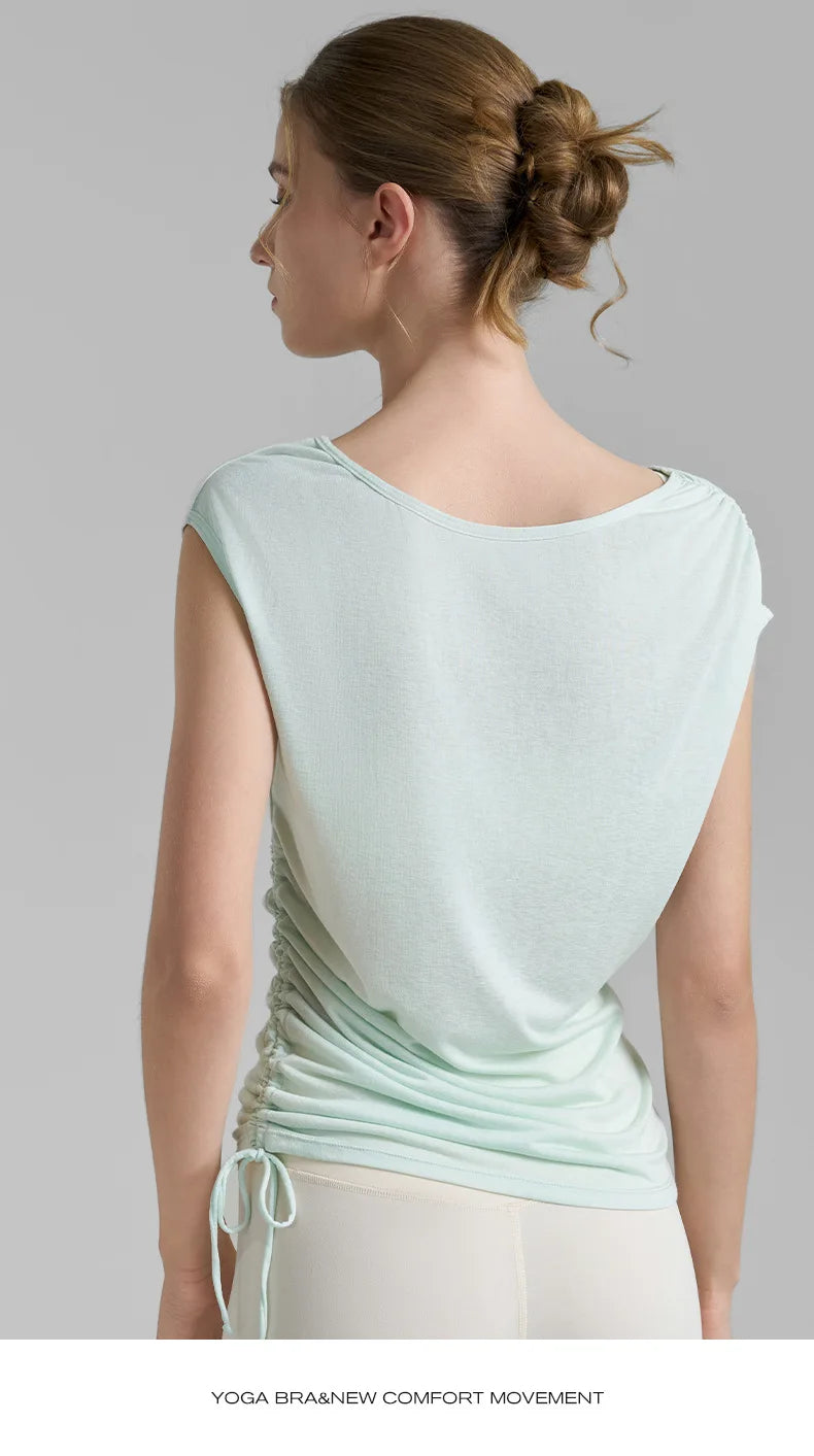 Sleeveless Pleated Cover Shirt with Drawstring, Tight Waist, High-end Feeling, Breathable and Slimming Sports T-shirt