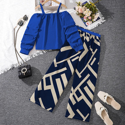 Kids Clothing Sets For Girls Khaki Off-shoulder Long sleeve Top &amp; Stripe Printing Pants Summer Resort Style Children Suits OOTD
