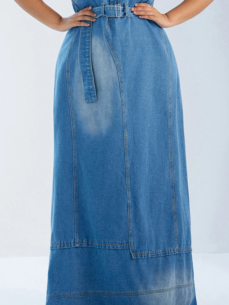 Plus Size Daily Maxi Dresses Blue Fall Winter Strapless Asymmetric Hem Denim Maxi Dresses Elegant Vintage Casual Summer Dress