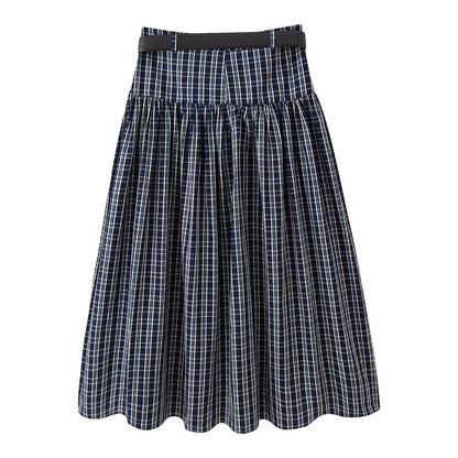HH Woman Fashion Street Style Skirt Women Fashion Belted Plaid Midi Skirt Zipper Casual Long Skirt High Waist Chic Pleated Skirt