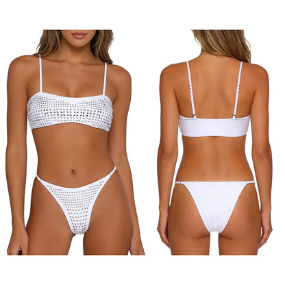 Womens Bikini Swimwear Beach Bathing Suit Shiny Sequin Two Pieces Swimwear Bikini Top with High Waist Briefs 2-piece Beachwear