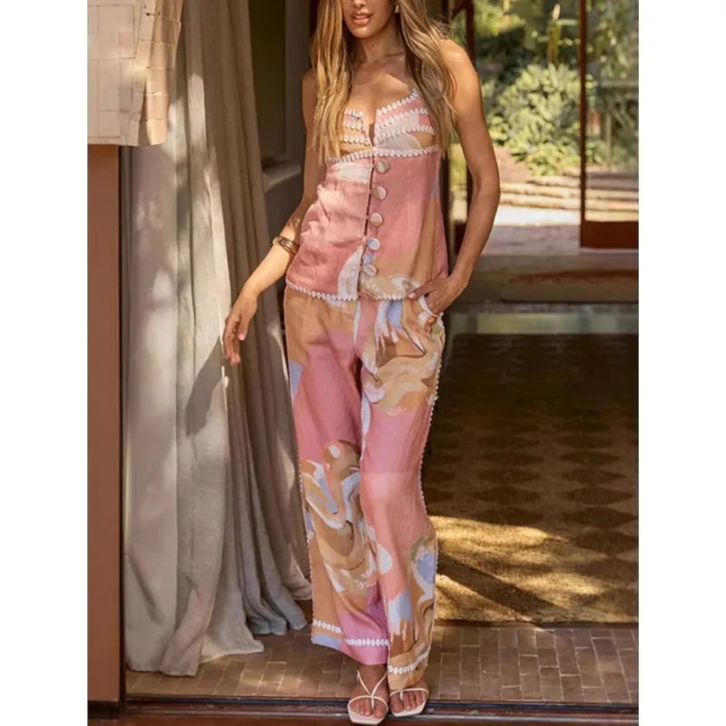 Women Sleeveless Top Two Pieces Matching Sets 2025 Summer Printed Patchwork Chic Outfit V Neck Fashion Simple Lady Suit Clothing