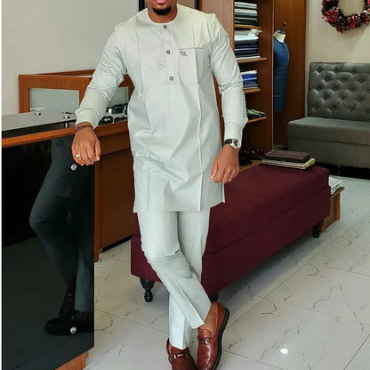 Kaftan Men Wedding Suits Groom Embroidered Pocket Top And Pants Kaunda Suit African casual Outfits Party Fashion Two-piece Set