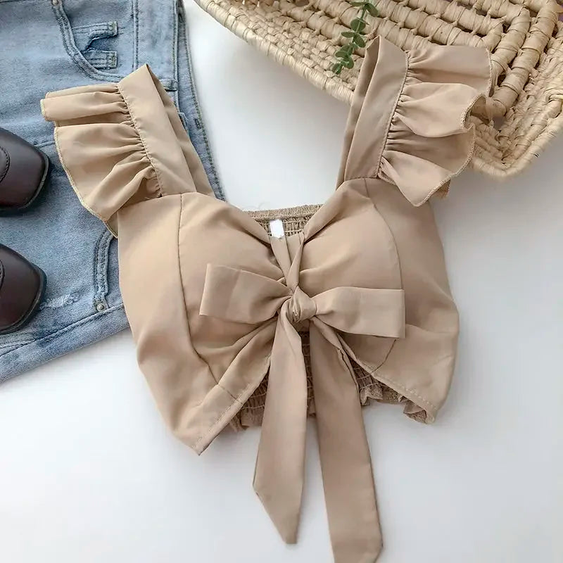 Crop Tops Camis Women Ruffles Sexy Elegant Simple Streetwear Vintage Summer Holiday Casual Young Aesthetic All-match Ulzzang New