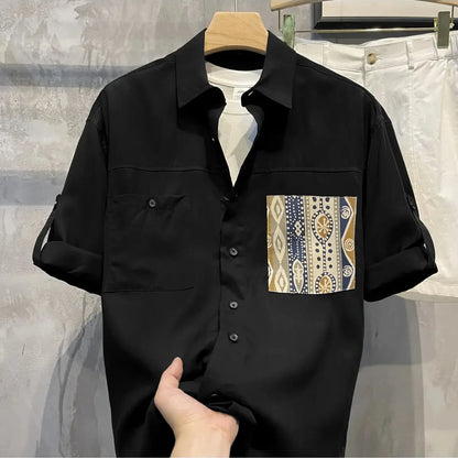 Short Sleeve With Pocket Male Shirts Button Up Print Loose Men&